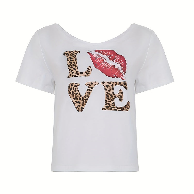 REBEL VIBE Casual V-Neck Short Sleeve T-Shirt with Leopard Print