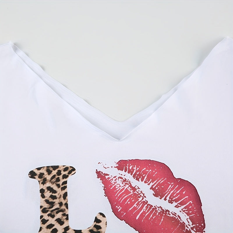 REBEL VIBE Casual V-Neck Short Sleeve T-Shirt with Leopard Print