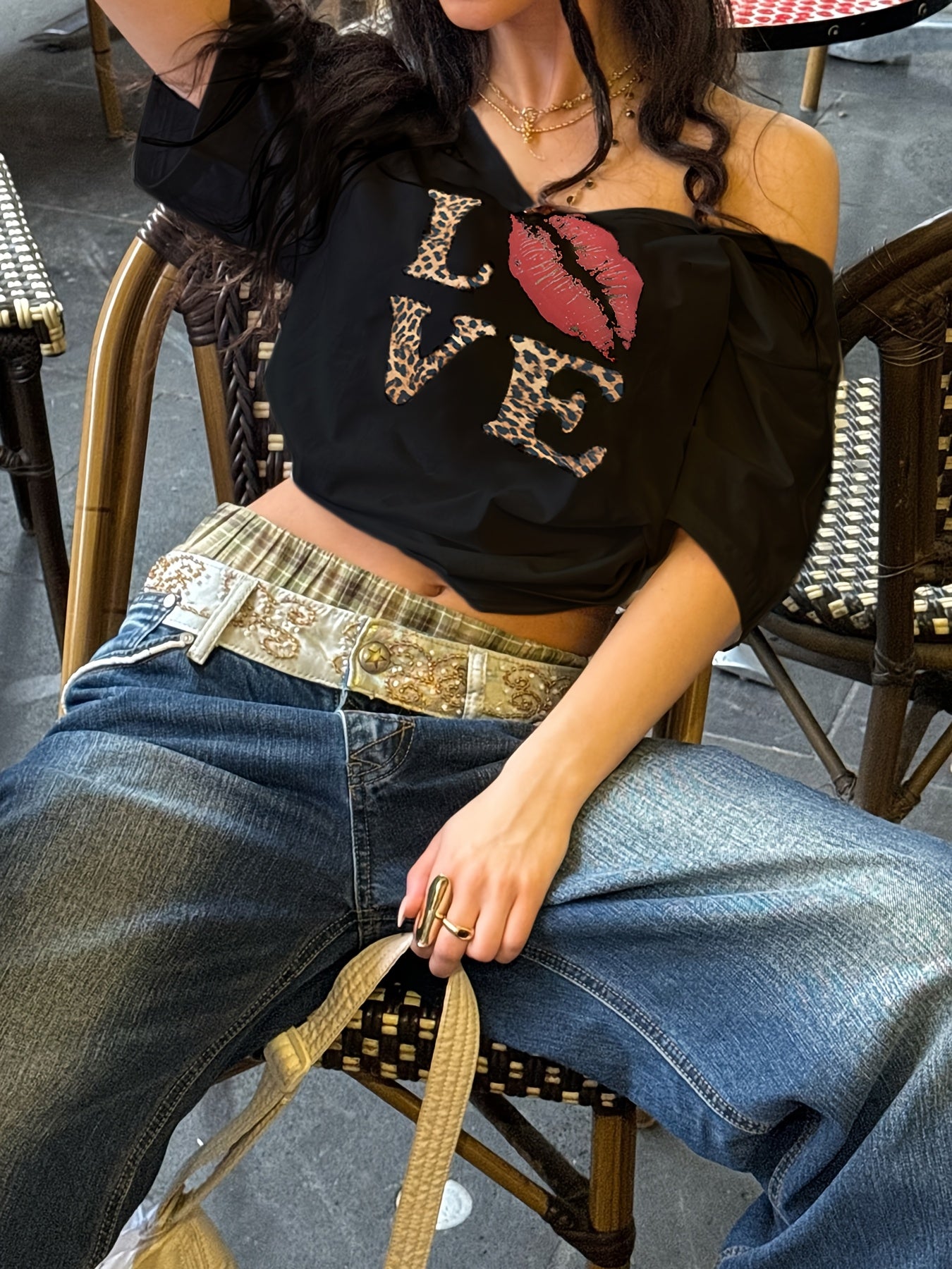 REBEL VIBE Casual V-Neck Short Sleeve T-Shirt with Leopard Print