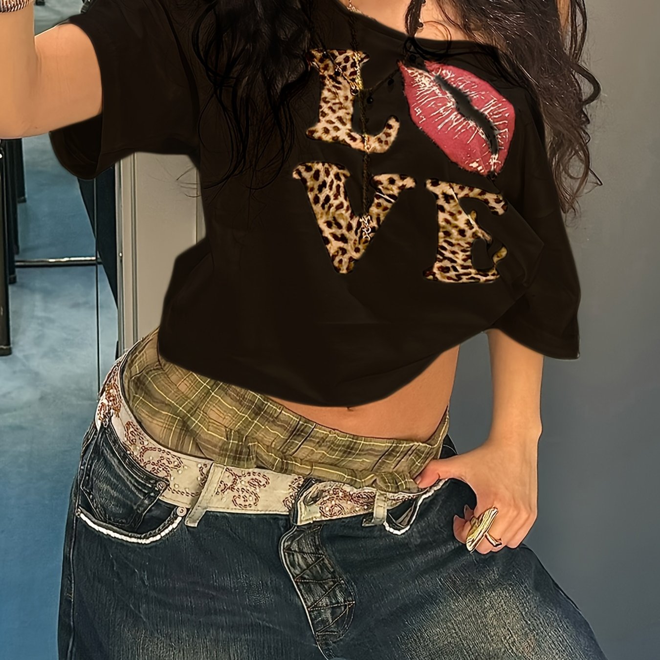 REBEL VIBE Casual V-Neck Short Sleeve T-Shirt with Leopard Print