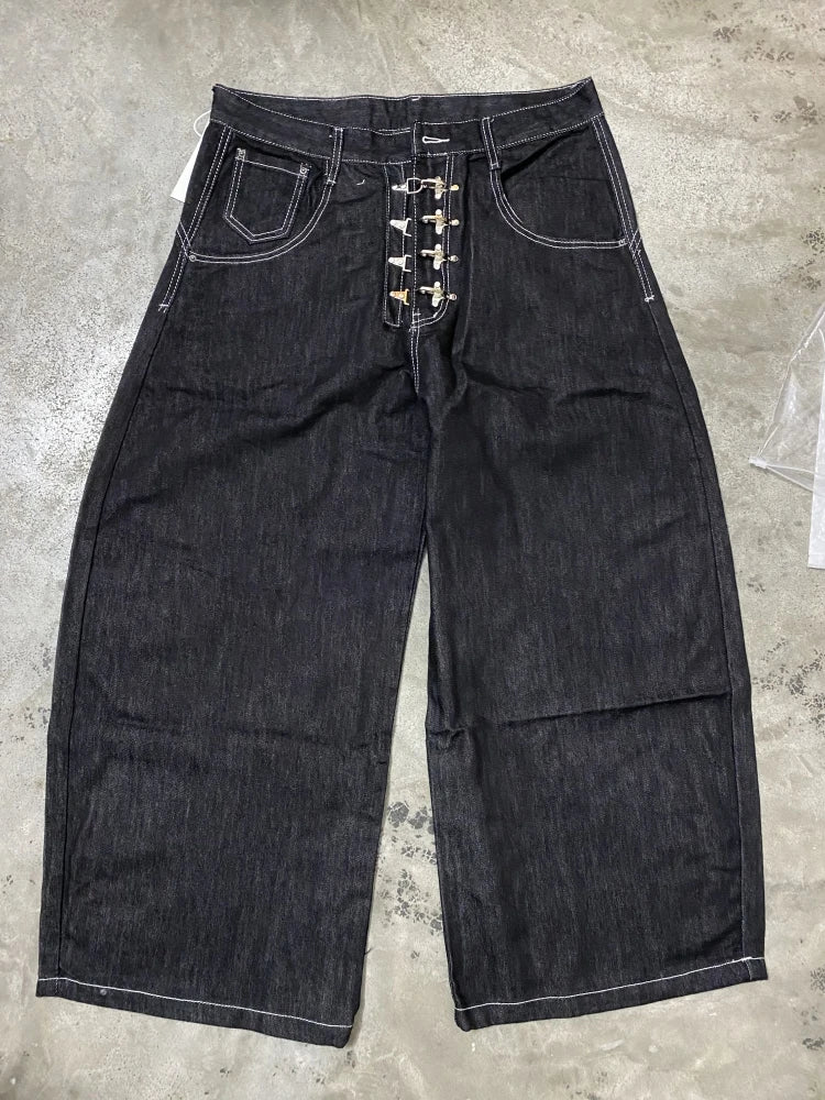 Metal Buckle Design Curved Wide-leg Jeans