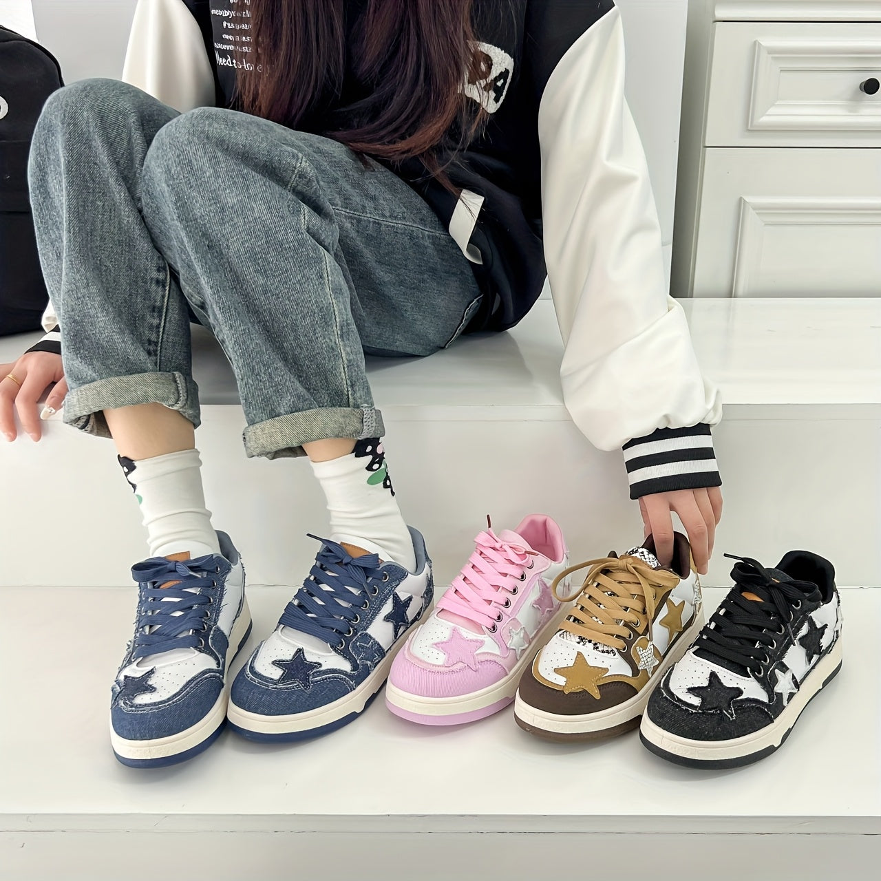 Pink Star-Embroidered Sneakers
