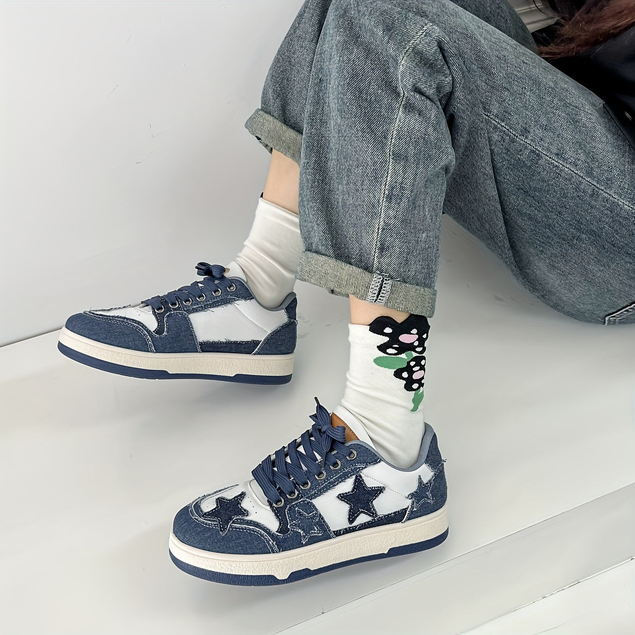 Pink Star-Embroidered Sneakers