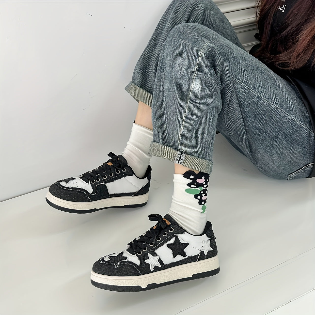 Pink Star-Embroidered Sneakers