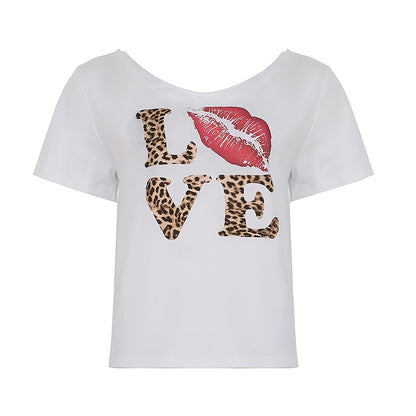 REBEL VIBE Casual V-Neck Short Sleeve T-Shirt with Leopard Print