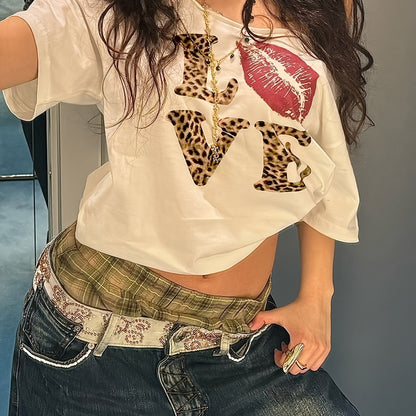 REBEL VIBE Casual V-Neck Short Sleeve T-Shirt with Leopard Print