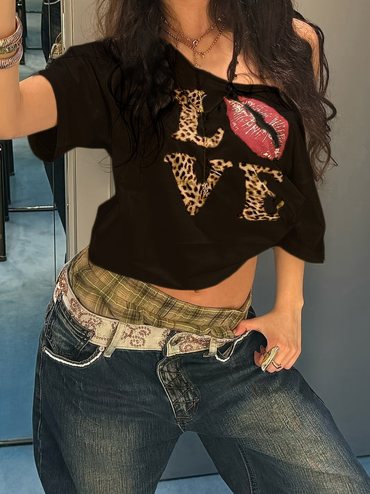 REBEL VIBE Casual V-Neck Short Sleeve T-Shirt with Leopard Print