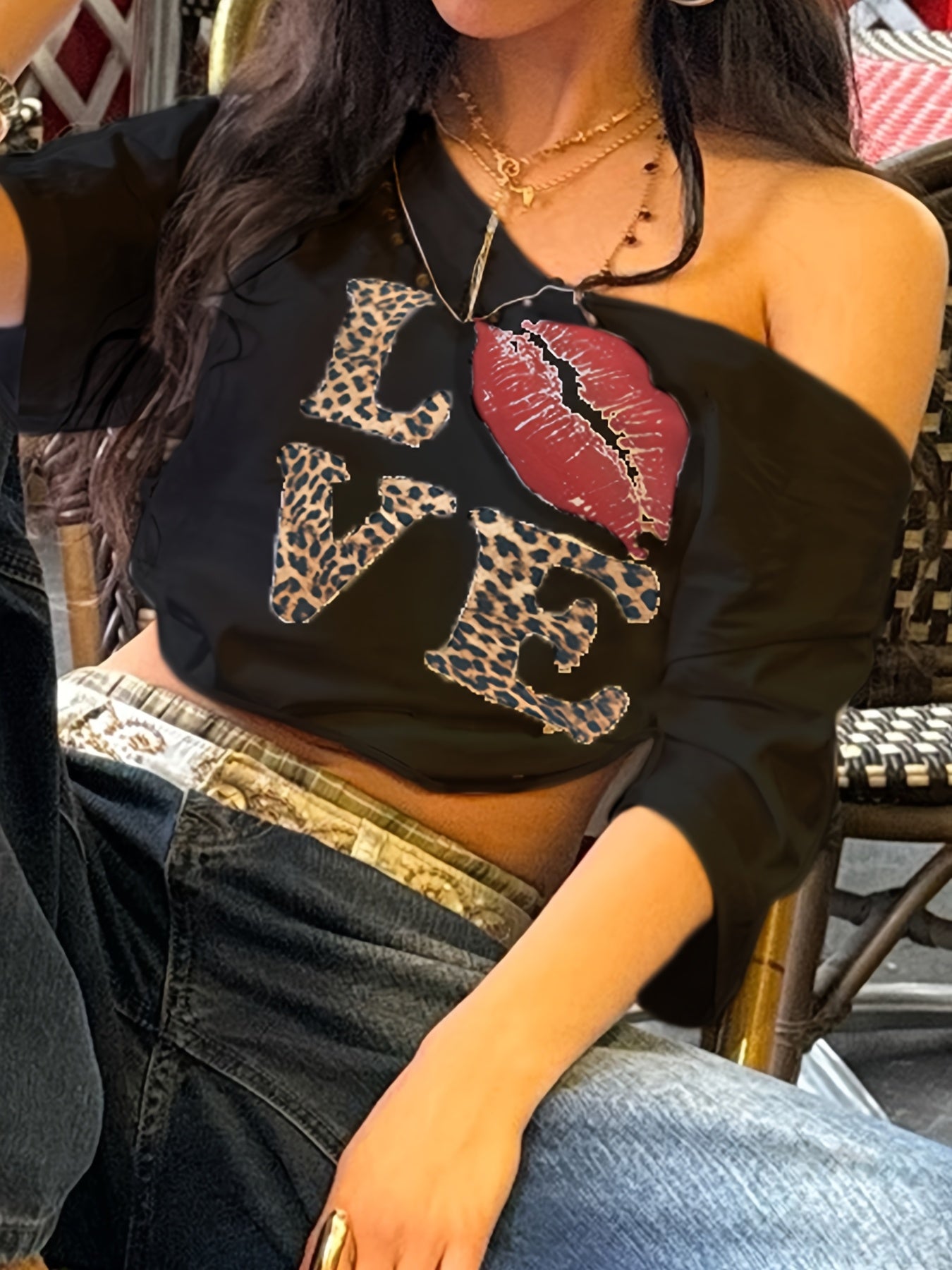 REBEL VIBE Casual V-Neck Short Sleeve T-Shirt with Leopard Print