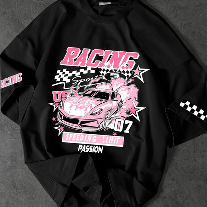 ROGUENATION Street Fashion Racing Print Loose Short-Sleeve T-Shirt