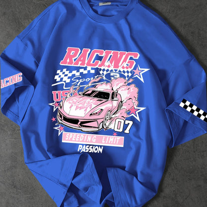 ROGUENATION Street Fashion Racing Print Loose Short-Sleeve T-Shirt