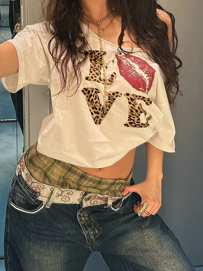 REBEL VIBE Casual V-Neck Short Sleeve T-Shirt with Leopard Print