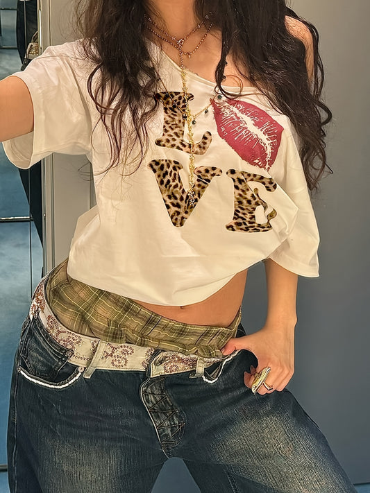 REBEL VIBE Casual V-Neck Short Sleeve T-Shirt with Leopard Print