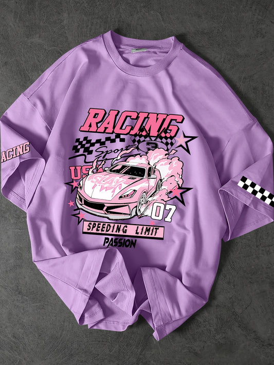 ROGUENATION Street Fashion Racing Print Loose Short-Sleeve T-Shirt