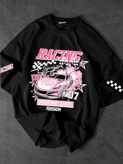 ROGUENATION Street Fashion Racing Print Loose Short-Sleeve T-Shirt