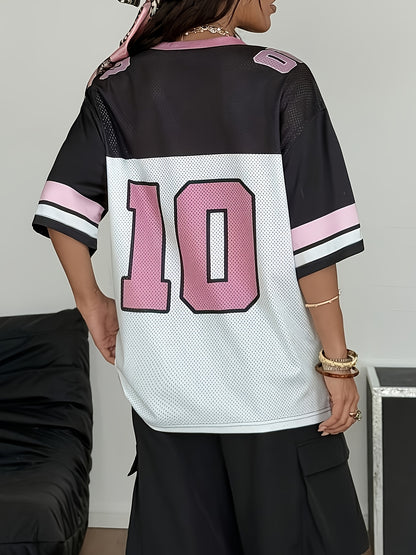 STREETPHANTOM Oversized V-Neck T-Shirt with Bold '10' Number Print
