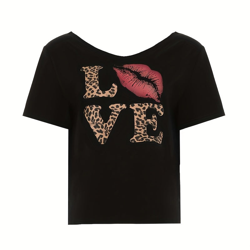 REBEL VIBE Casual V-Neck Short Sleeve T-Shirt with Leopard Print