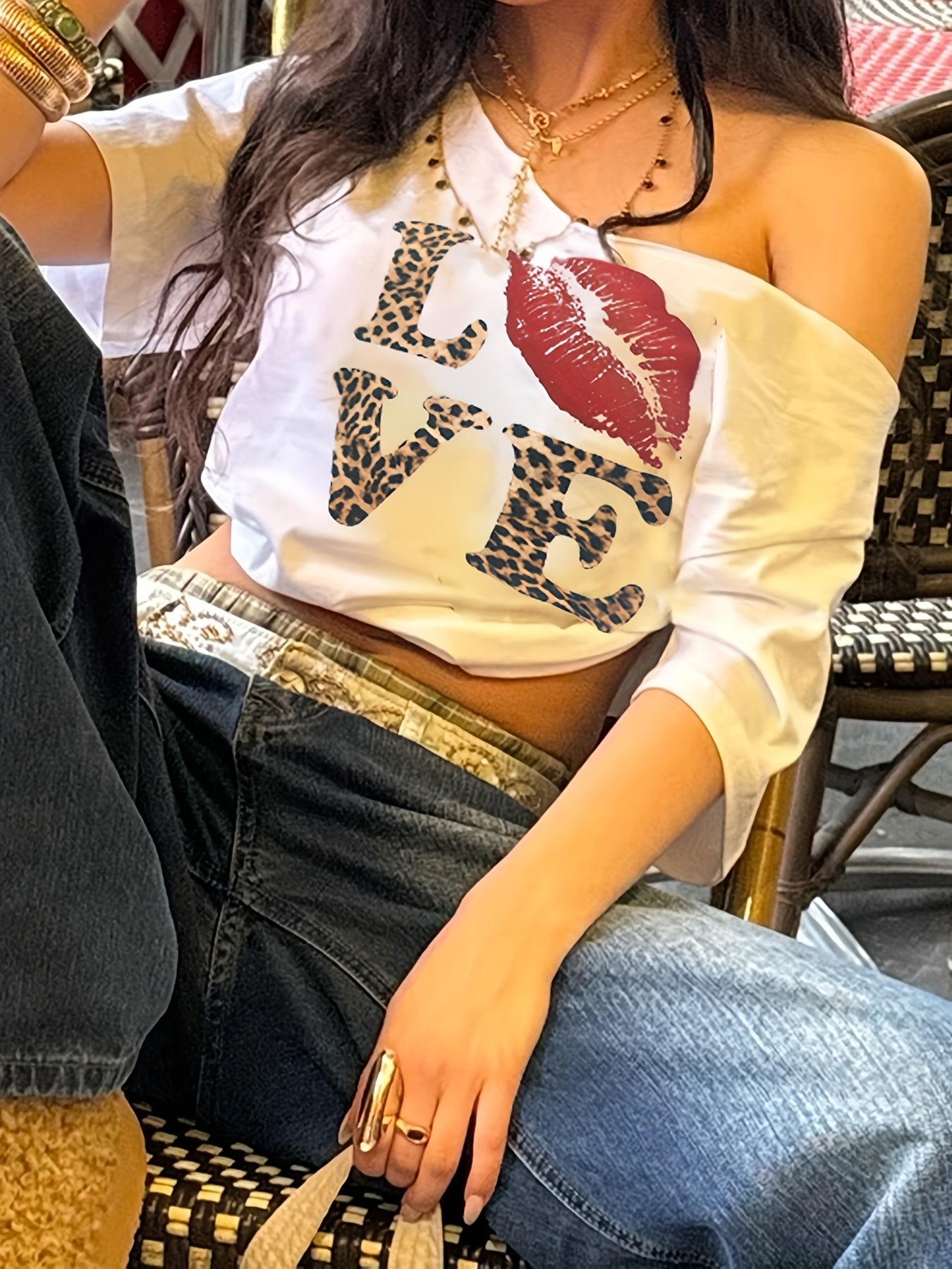 REBEL VIBE Casual V-Neck Short Sleeve T-Shirt with Leopard Print