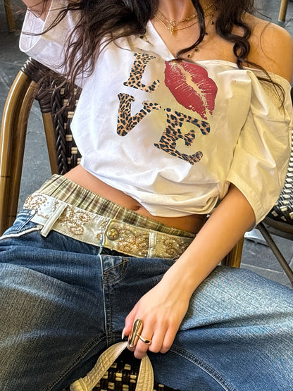 REBEL VIBE Casual V-Neck Short Sleeve T-Shirt with Leopard Print