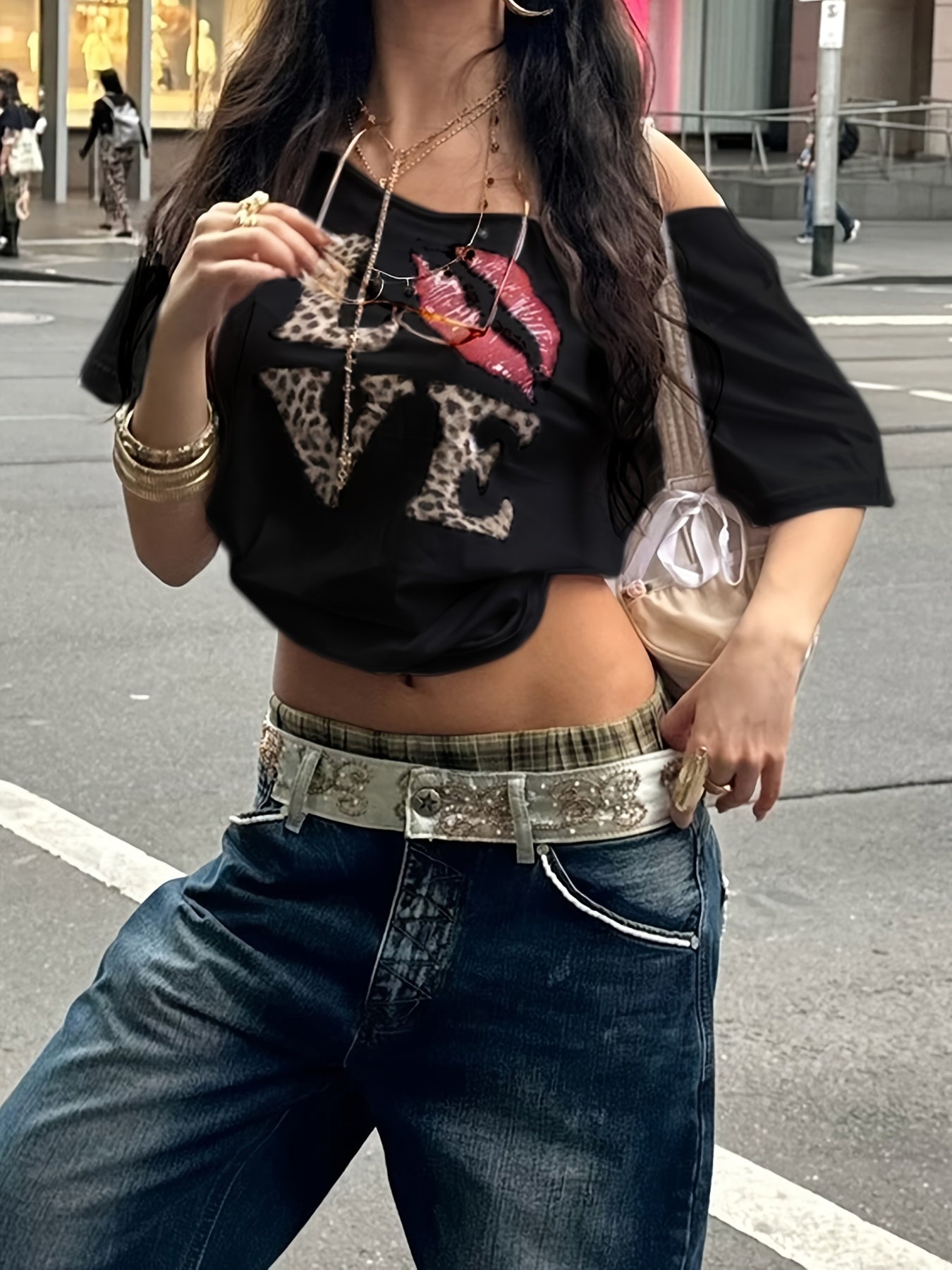 REBEL VIBE Casual V-Neck Short Sleeve T-Shirt with Leopard Print