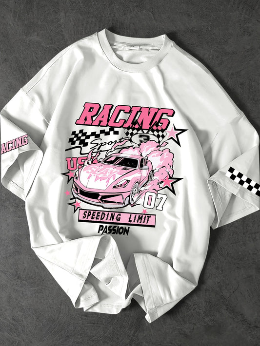 ROGUENATION Street Fashion Racing Print Loose Short-Sleeve T-Shirt
